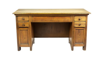 Old wooden desk isolated on transparent background featuring drawers and writing surface
