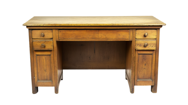 Old wooden desk isolated on transparent background featuring drawers and writing surface