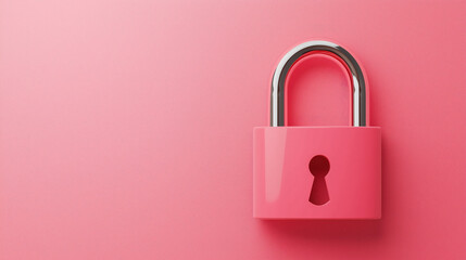 Pink padlock with keyhole against matching color background with copy space. Data security concept suitable for privacy protection campaigns and information security awareness materials