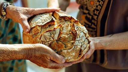 Hands across cultures pass bread, emphasizing the spirit of generosity and support. World Humanitarian Day, August 19