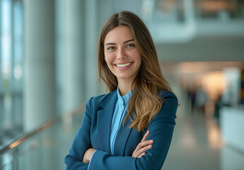 Naklejka premium A woman in a blue suit is smiling and standing in a hallway