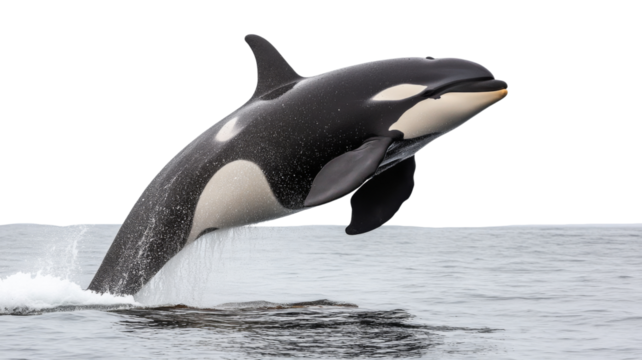 Killer whale jumping out of the water with transparent background
