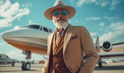 stylish elderly man in luxurious outfit standing with private jet in background, concept of wealth, success, and high-class lifestyle for advertising, editorial, or branding