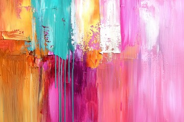 Abstract Colorful Impasto Painting with Orange, Pink and Teal Brushstrokes