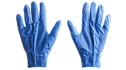 Two blue nitrile gloves open on transparent background