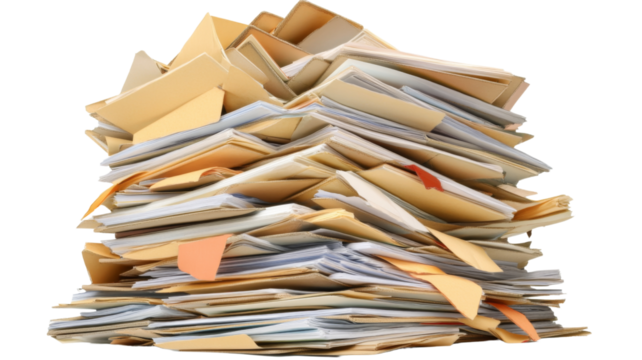 Stack of folders and documents creating office clutter on transparent background