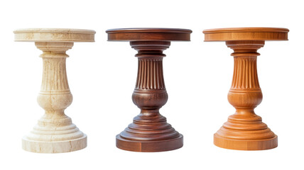 Three round coffee tables with pedestal base isolated on transparent background
