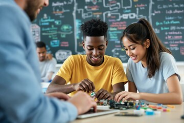 Students collaborating on a STEM project in a classroom background.