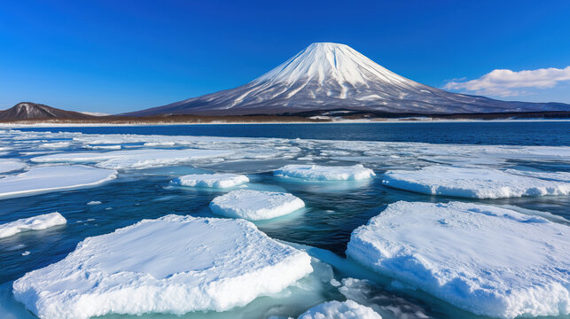 Snow covered volcano with white peak against blue sky above frozen lake with ice floes. Winter landscape concept for travel destinations, natural wonders and climate change documentation