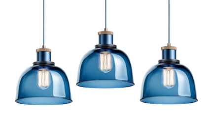 Three blue hanging lamps with edison bulbs on transparent background