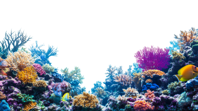 Colorful coral reef and tropical fish swimming on transparent background