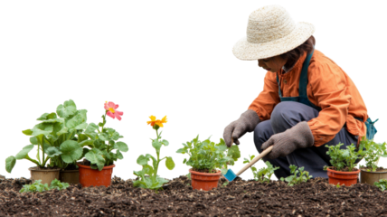 Gardener planting flowers in pots on transparent background