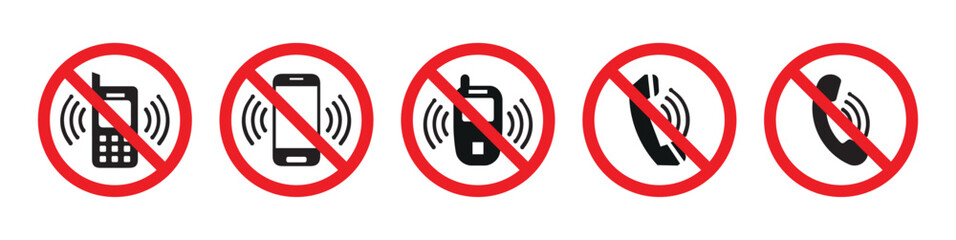 No phone calls sign set. No cell phones, no smartphone, no mobile phone allowed sign vector symbol.