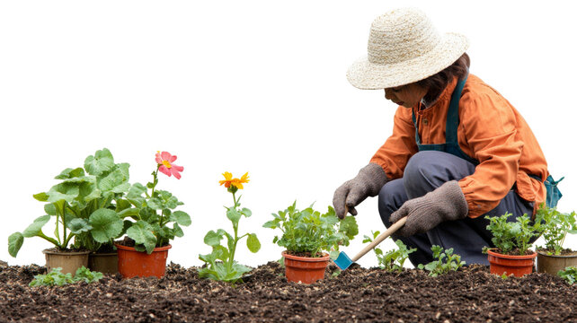 Gardener planting flowers in pots on transparent background