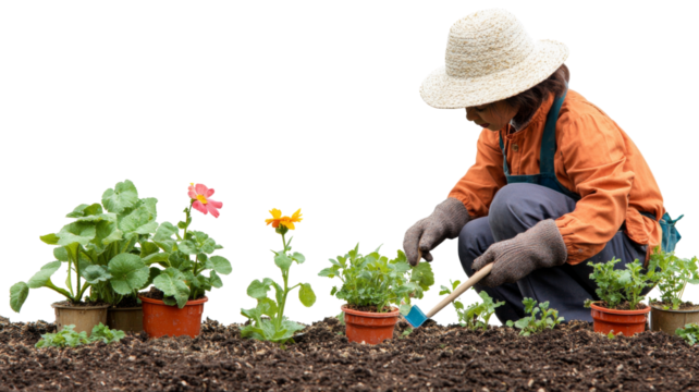 Gardener planting flowers in pots on transparent background