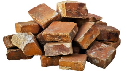 Pile of old bricks isolated on transparent background