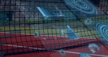 Tennis net on court with digital data processing animation overlay - Powered by Adobe