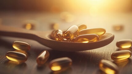 Golden Omega 3 Fish Oil Capsules on Wooden Spoon