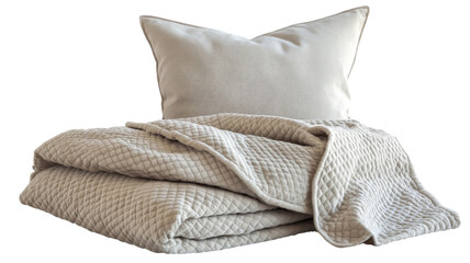 Folded beige quilted blanket and pillow on transparent background