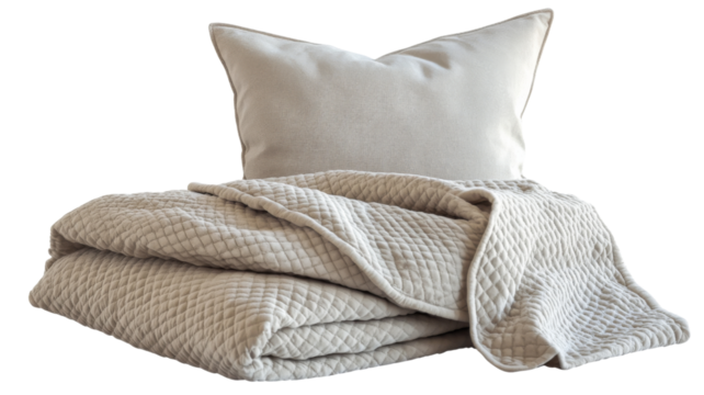 Folded beige quilted blanket and pillow on transparent background