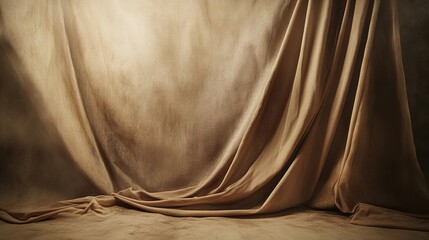 A large, curtain-like beige fabric hangs on the wall of an empty room. The light from above illuminates it slightly and creates beautiful shadows on its surface. 