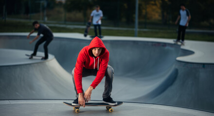 Young caucasian male skateboarder in red hoodie at skate park