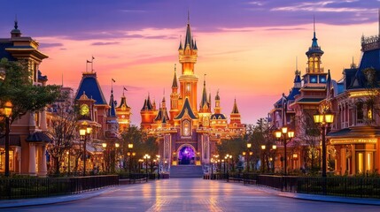 Shanghai Disneyland Enchanted Sunset: A Magical Evening at the Castle - obrazy, fototapety, plakaty