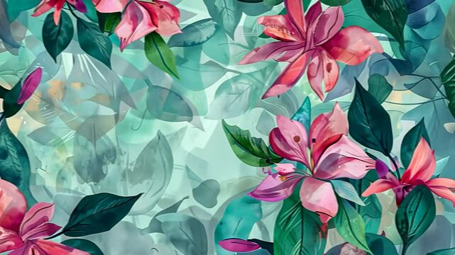 Florales Kunstmuster mit zarten rosa Blumen auf blauem Hintergrund