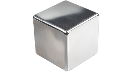 Shiny metal cube rotating on transparent background