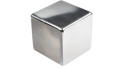 Shiny metal cube rotating on transparent background