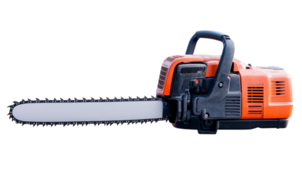 Orange chainsaw isolated on transparent background, ready for cutting wood