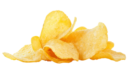 Delicious crispy potato chips lying on transparent background