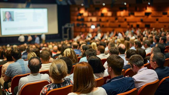 Publikum in einem gro&szlig;en Konferenzsaal bei einer Pr&auml;sentation