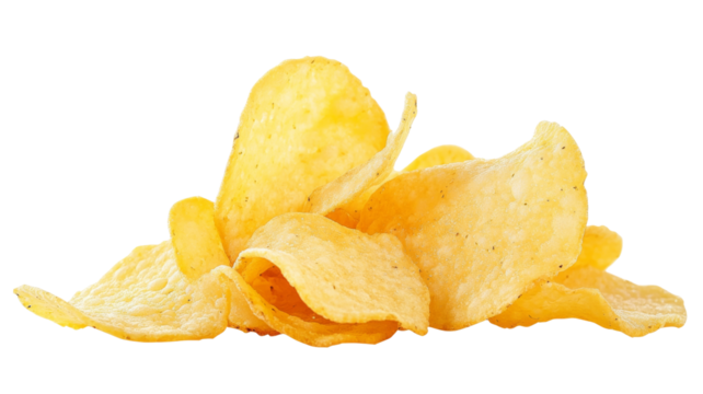 Delicious crispy potato chips lying on transparent background
