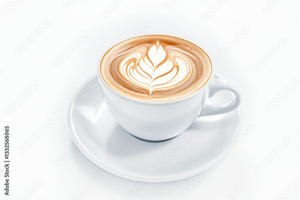 Poster close-up of a cup of coffee with intricate latte art on a white saucer.