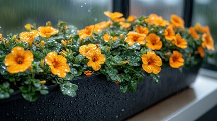 Fototapeta premium Orange flowers in a window box, rain drops