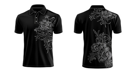 Naklejka premium Black Polo Shirt Design - Front and Back View Mockup with Tattoo Style Flowers, Tattoo Style Flower Work on Black Polo Shirt - Mockup Template, on a transparent backgrounds