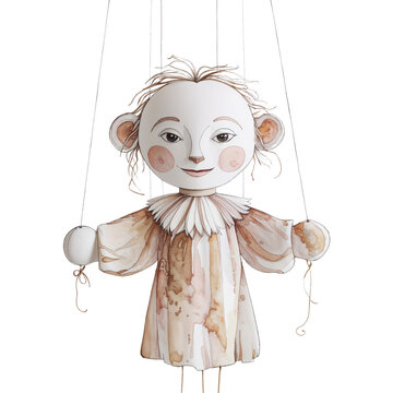 A watercolor illustration of a marionette puppet with a cute face, wearing a vintage dress, and styled with a classic puppet design. It has a charming and whimsical appearance.