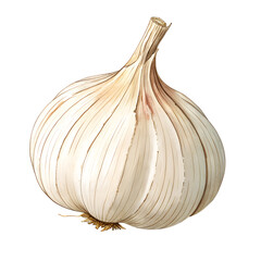 Illustration of A plump, whole garlic bulb with its delicate, off-white papery skin slightly peeling at the edges