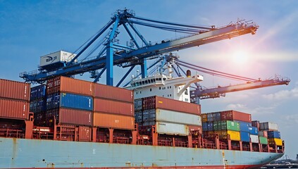 Container loading in a Cargo freight ship with industrial crane,  shipping in import and export business logistic company.