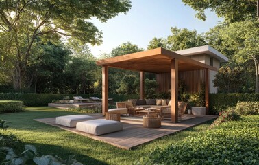 A rendering of an outdoor wooden terrace with garden furniture and plants, surrounded by greenery in the background.
