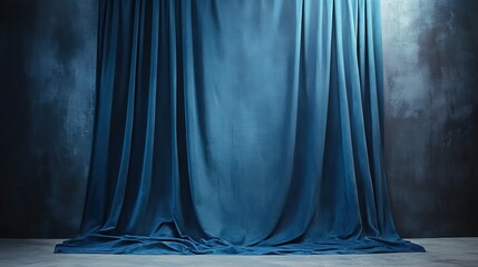 A blue curtain backdrop with soft lighting, set against an empty dark gray wall.