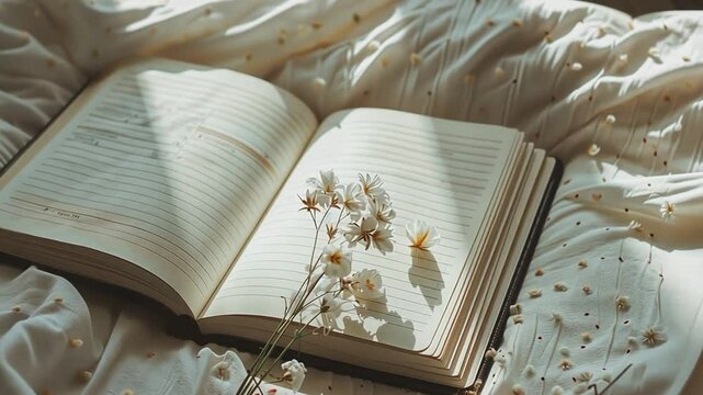 Aufgeschlagenes Buch mit Blumen auf weichem Bett