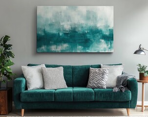 A teal blue abstract painting hangs above an elegant dark green velvet sofa in the living room, with decorative pillows and blankets on it