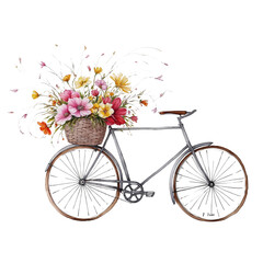 A vintage bicycle with a basket full of colorful flowers, evoking a sense of nostalgia, freedom, and the beauty of a floral-filled life in a countryside setting.