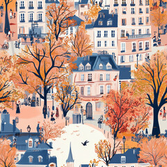 Abstract painted French city girly feminine scene, in Paris, France - Seamless repeating background