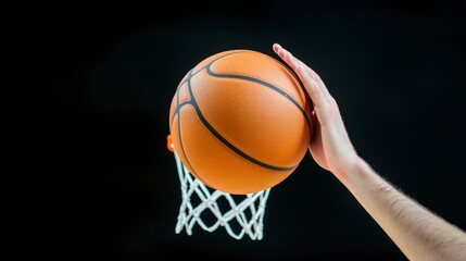 Close Up of Hand Shooting Orange Basketball Through Net Against Black Background