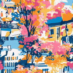 Abstract painted French city girly feminine scene, in Paris, France - Seamless repeating background