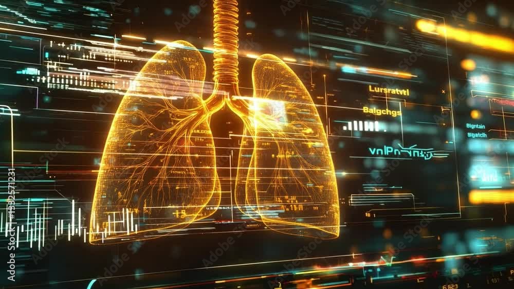 Poster ai-generated visualization of human lungs showcasing intricate network and data analysis
