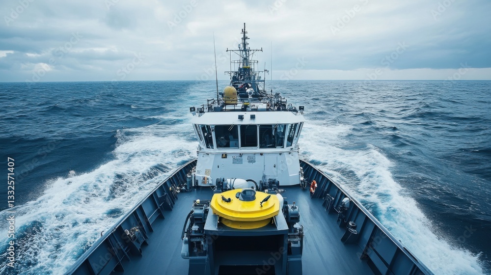 Poster view from the bow of a ship navigating through the ocean waves under cloudy sky during a maritime jo